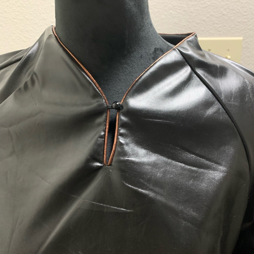 Black Faux Leather Top with Brown Trim